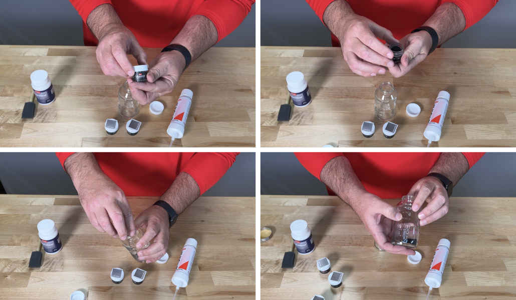 A sequence of images showing a person in a red shirt dispensing Vibrance™ Dye from a small container into a Preval sprayer.